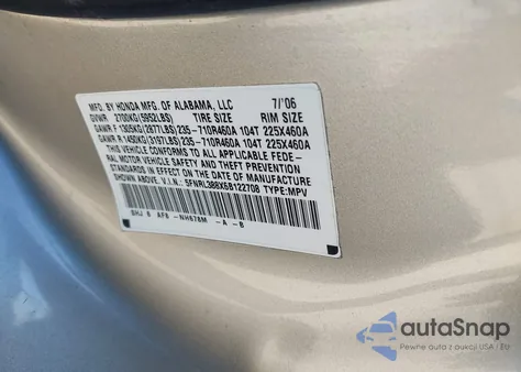 2006 Honda Odyssey Touring from USA, damaged, VIN 5FNRL388X6B122708